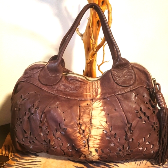 CATERINA LUCCHI-Brn/Ivory Leather Tie Dye Satchel w/ Tassel-NEW - Picture 11 of 15